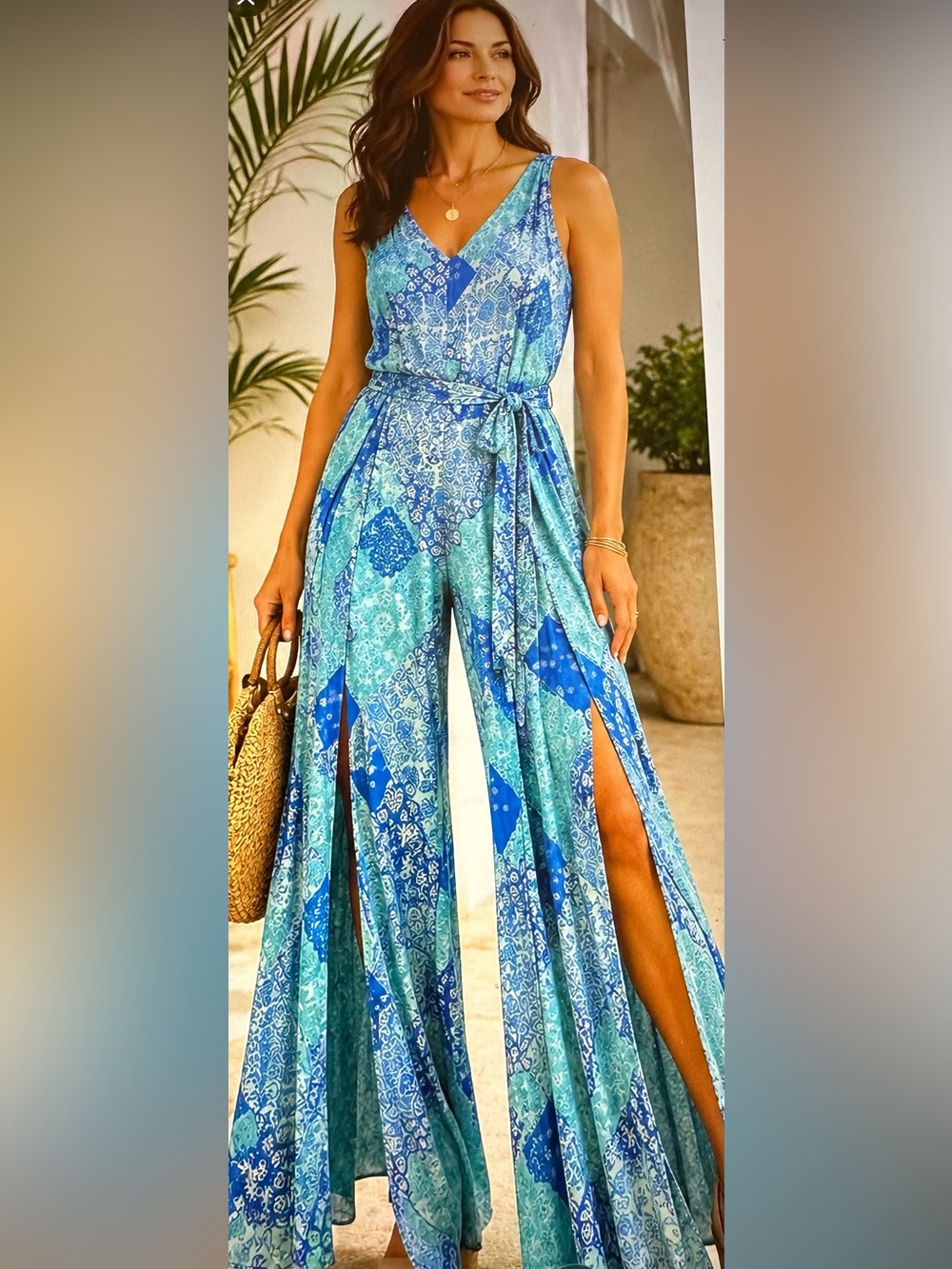 Boston Proper Blue & Aqua Patchwork Wide-Leg Jumpsuit with Front Slits